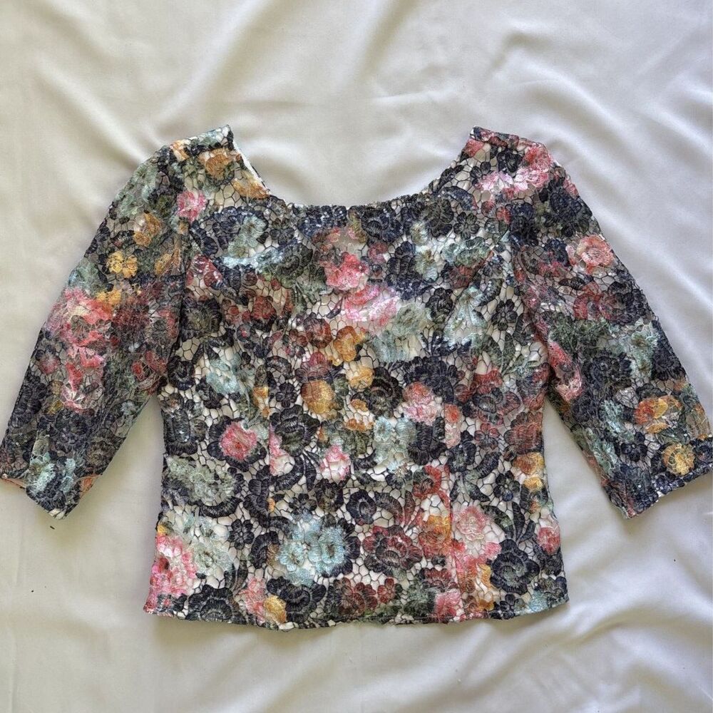 Vtg Alex Evenings Sequined Floral Lace Top | Embroidered Mesh Overlay | Large